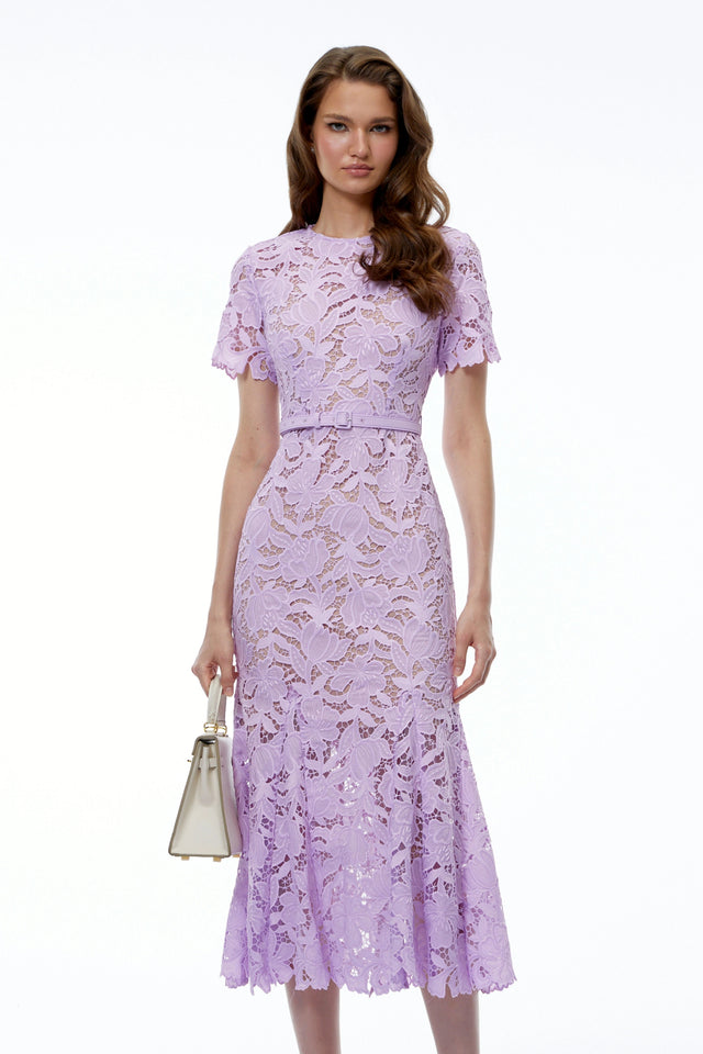 Momoe Purple Lace Floral Fitted Midi Dress