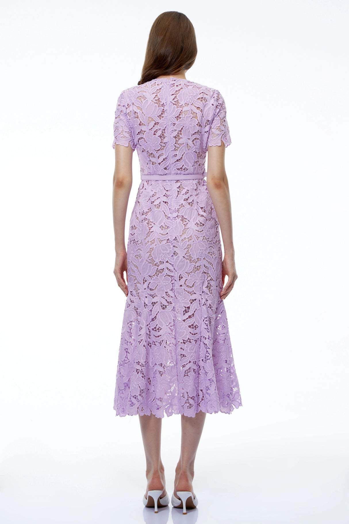 Momoe Purple Lace Floral Fitted Midi Dress