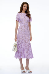 Momoe Purple Lace Floral Fitted Midi Dress