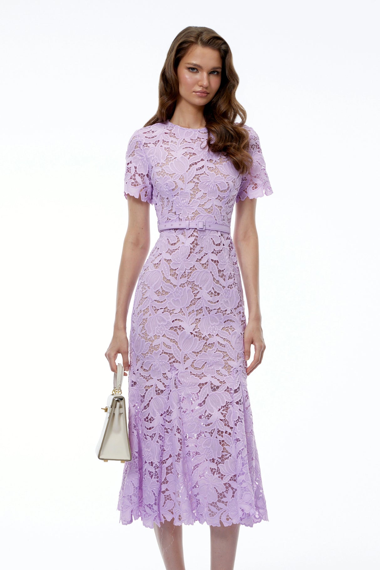 Momoe Purple Lace Floral Fitted Midi Dress