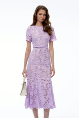 Momoe Purple Lace Floral Fitted Midi Dress