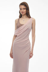 Monika Pink Color Block Asymmetrical Dress  Drape Set