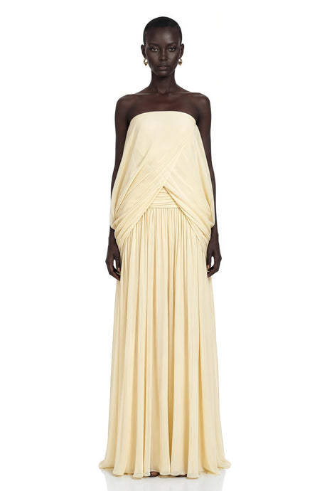 Morgan Pale Yellow Off Shoulder Ruched Maxi Dress