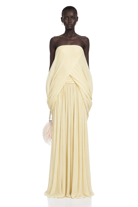 Morgan Pale Yellow Off Shoulder Ruched Maxi Dress