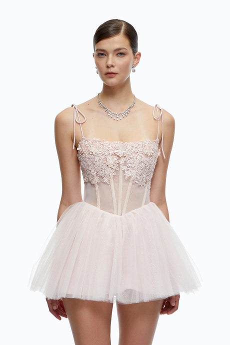 Morgan Pink Floral Lace Corset Tulle Mini Dress