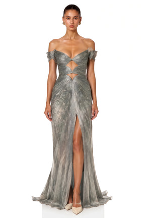 Muriel Silver Grey Ruched Maxi Dress with CutOut