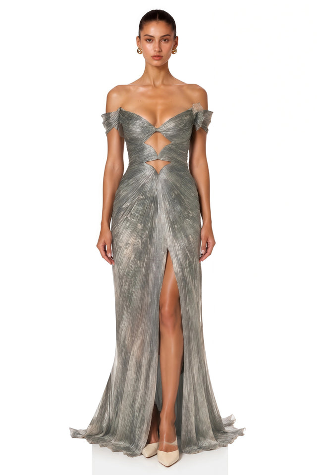 Muriel Silver Grey Ruched Maxi Dress with CutOut