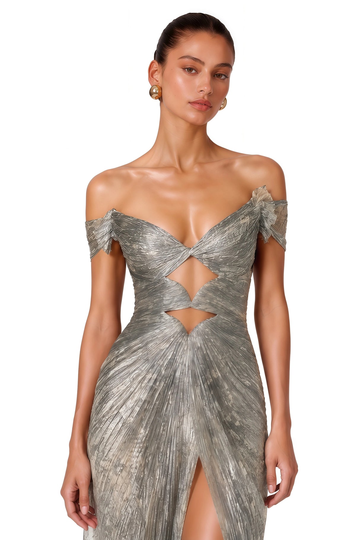 Muriel Silver Grey Ruched Maxi Dress with CutOut