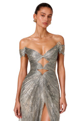 Muriel Silver Grey Ruched Maxi Dress with CutOut