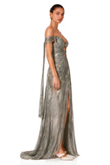 Muriel Silver Grey Ruched Maxi Dress with CutOut