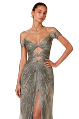 Muriel Silver Grey Ruched Maxi Dress with CutOut