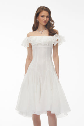 Muriel White Off Shoulder Ruched Midi Dress