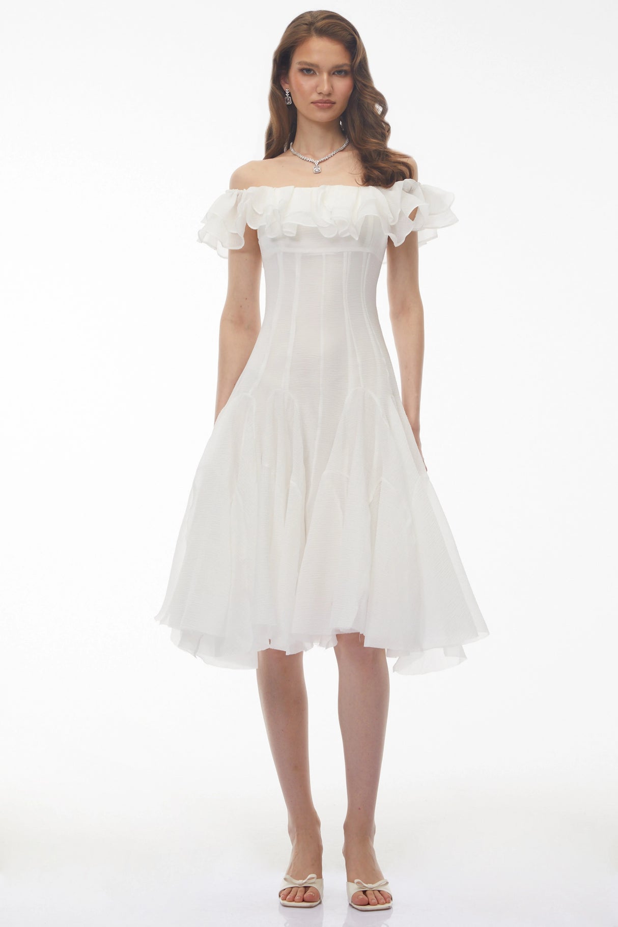 Muriel White Off Shoulder Ruched Midi Dress
