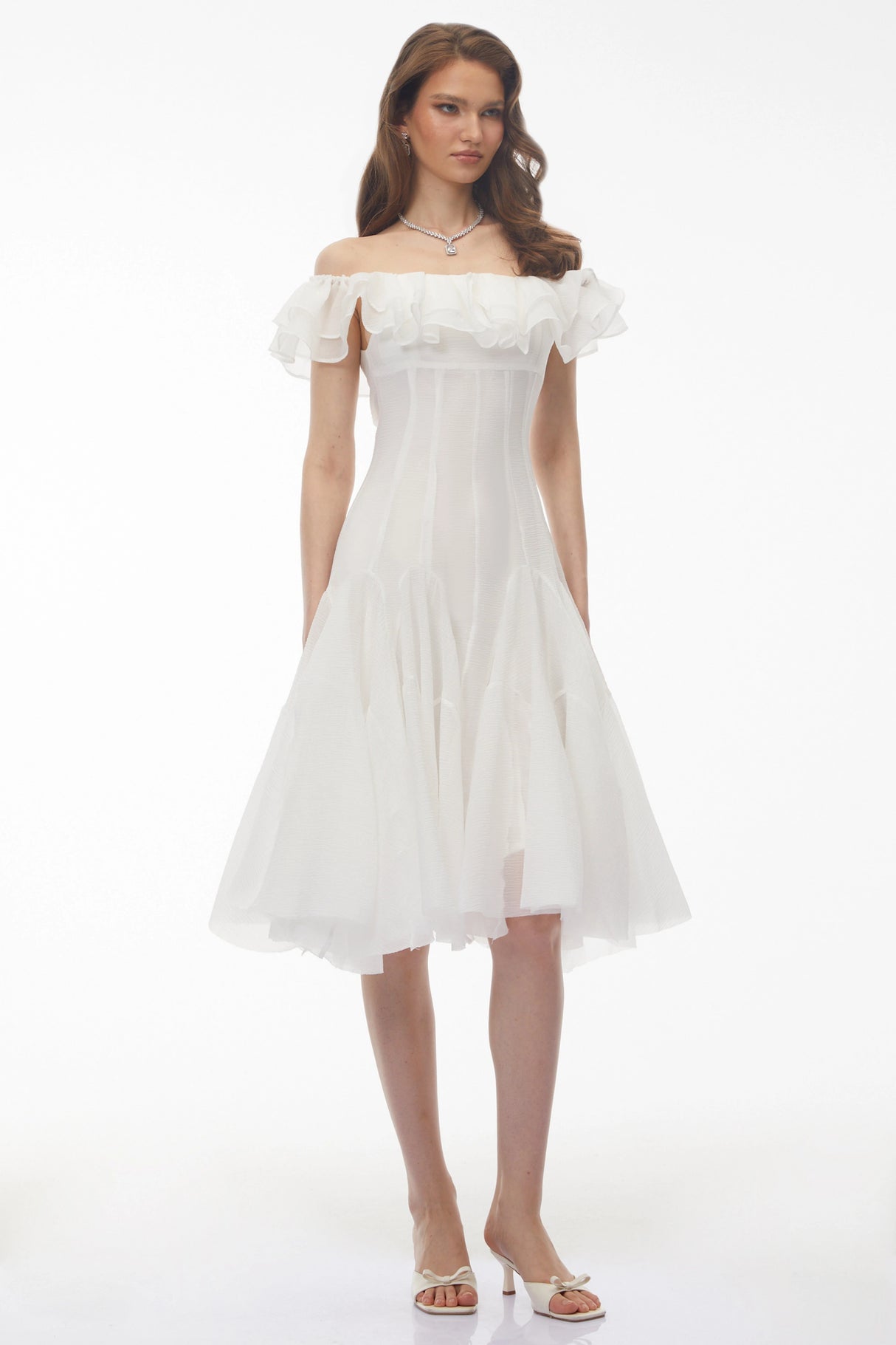 Muriel White Off Shoulder Ruched Midi Dress