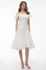 Muriel White Off Shoulder Ruched Midi Dress
