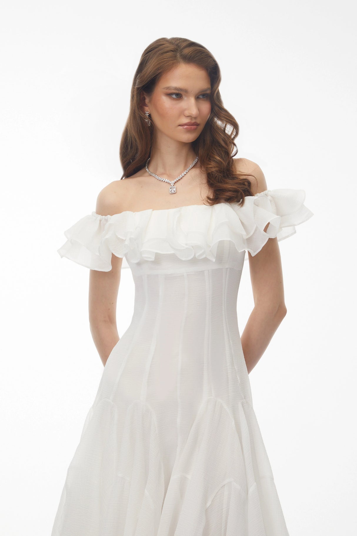 Muriel White Off Shoulder Ruched Midi Dress