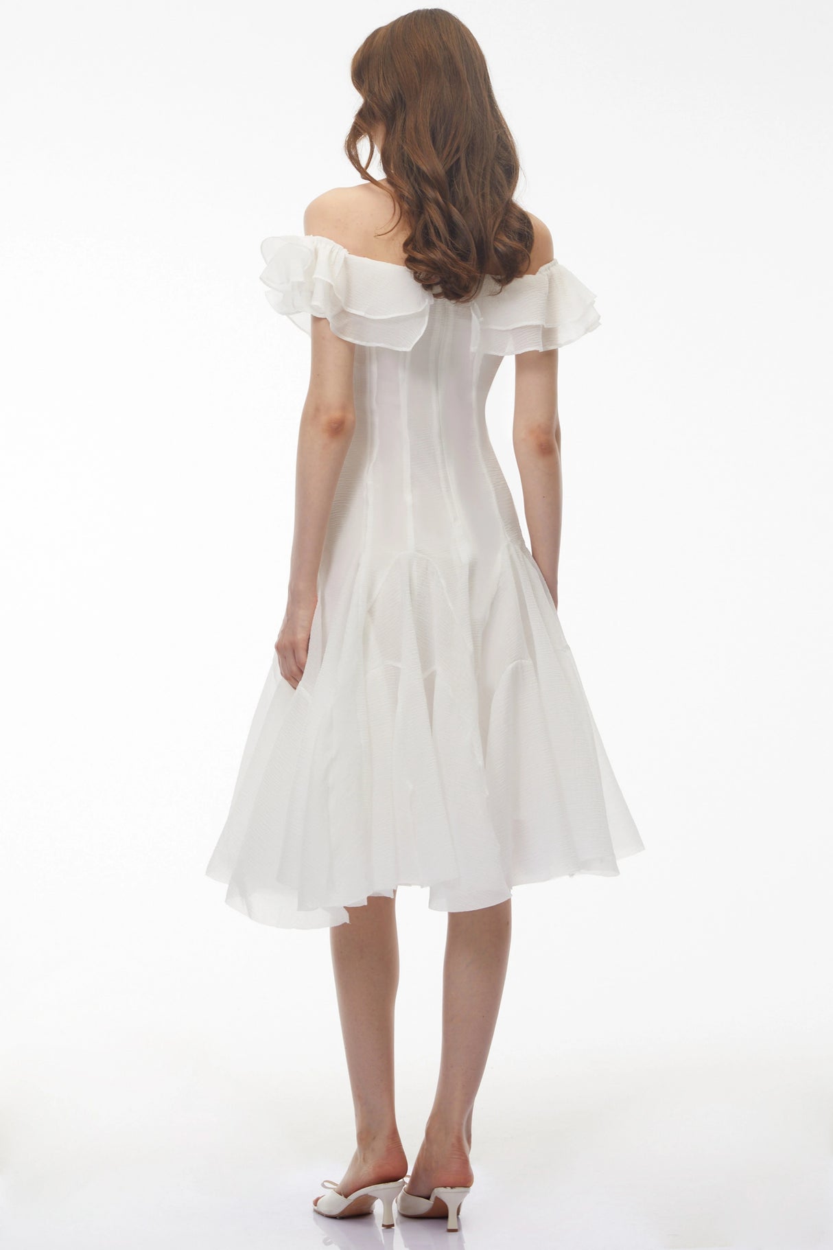 Muriel White Off Shoulder Ruched Midi Dress
