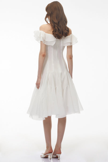 Muriel White Off Shoulder Ruched Midi Dress