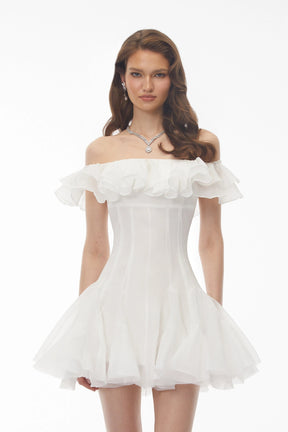 Muriel White Off Shoulder Ruched Mini Dress