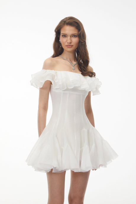 Muriel White Off Shoulder Ruched Mini Dress