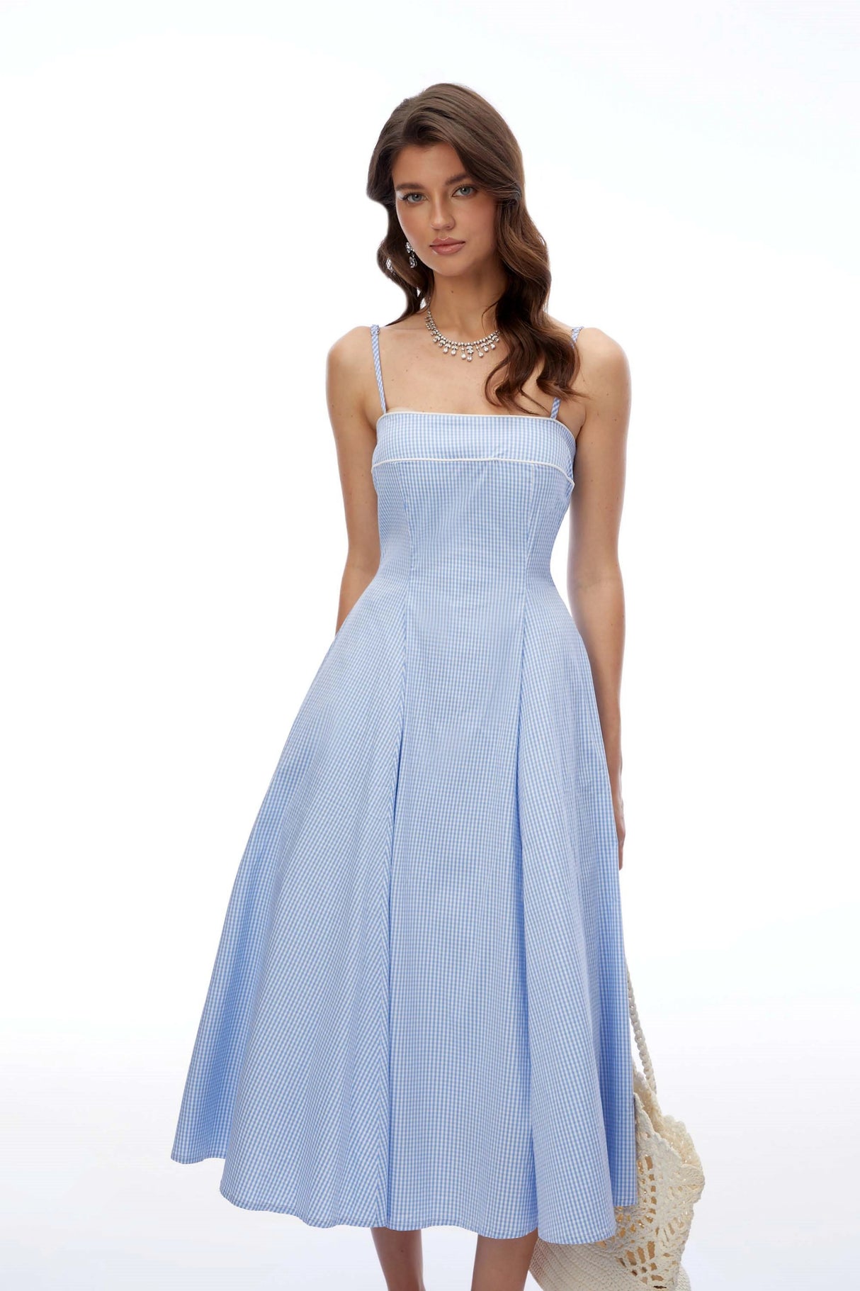 Myrtle Blue Square Neck Plaid Midi Dress