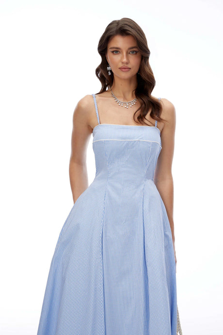 Myrtle Blue Square Neck Plaid Midi Dress