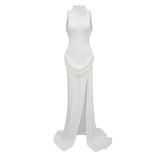 Mystérieuse White Turtleneck Draped Maxi Dress