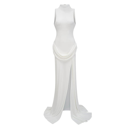 Mystérieuse White Turtleneck Draped Maxi Dress
