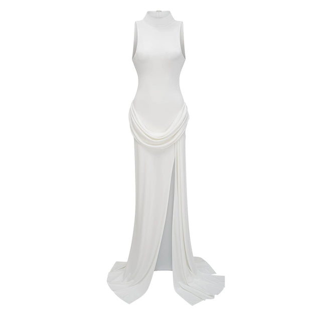 Mystérieuse White Turtleneck Draped Maxi Dress