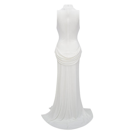 Mystérieuse White Turtleneck Draped Maxi Dress