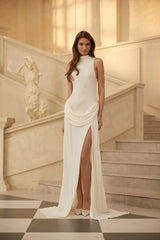 Mystérieuse White Turtleneck Draped Maxi Dress