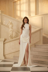 Mystérieuse White Turtleneck Draped Maxi Dress