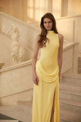 Mystérieuse Yellow Turtleneck Draped Maxi Dress