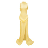 Mystérieuse Yellow Turtleneck Draped Maxi Dress