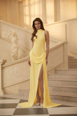 Mystérieuse Yellow Turtleneck Draped Maxi Dress