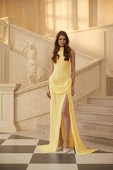 Mystérieuse Yellow Turtleneck Draped Maxi Dress