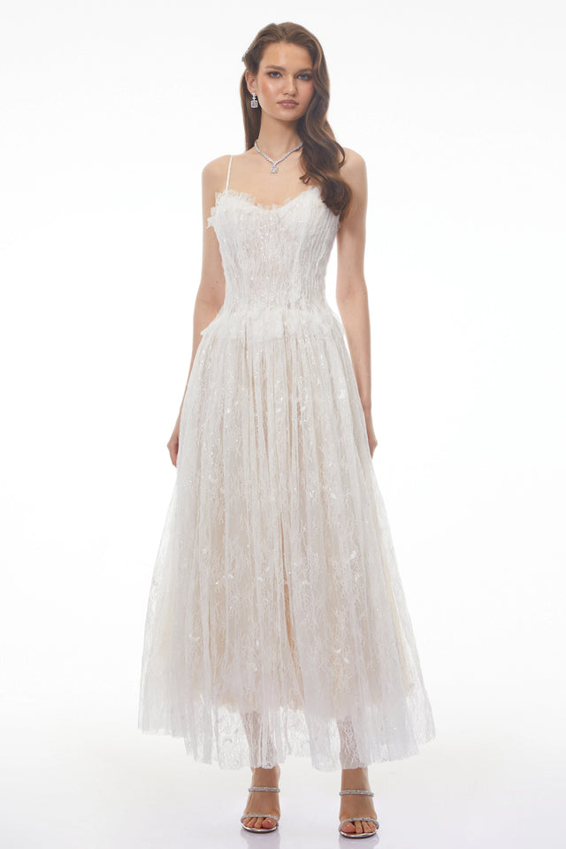 Nadir White Pleated Lace Maxi Dress