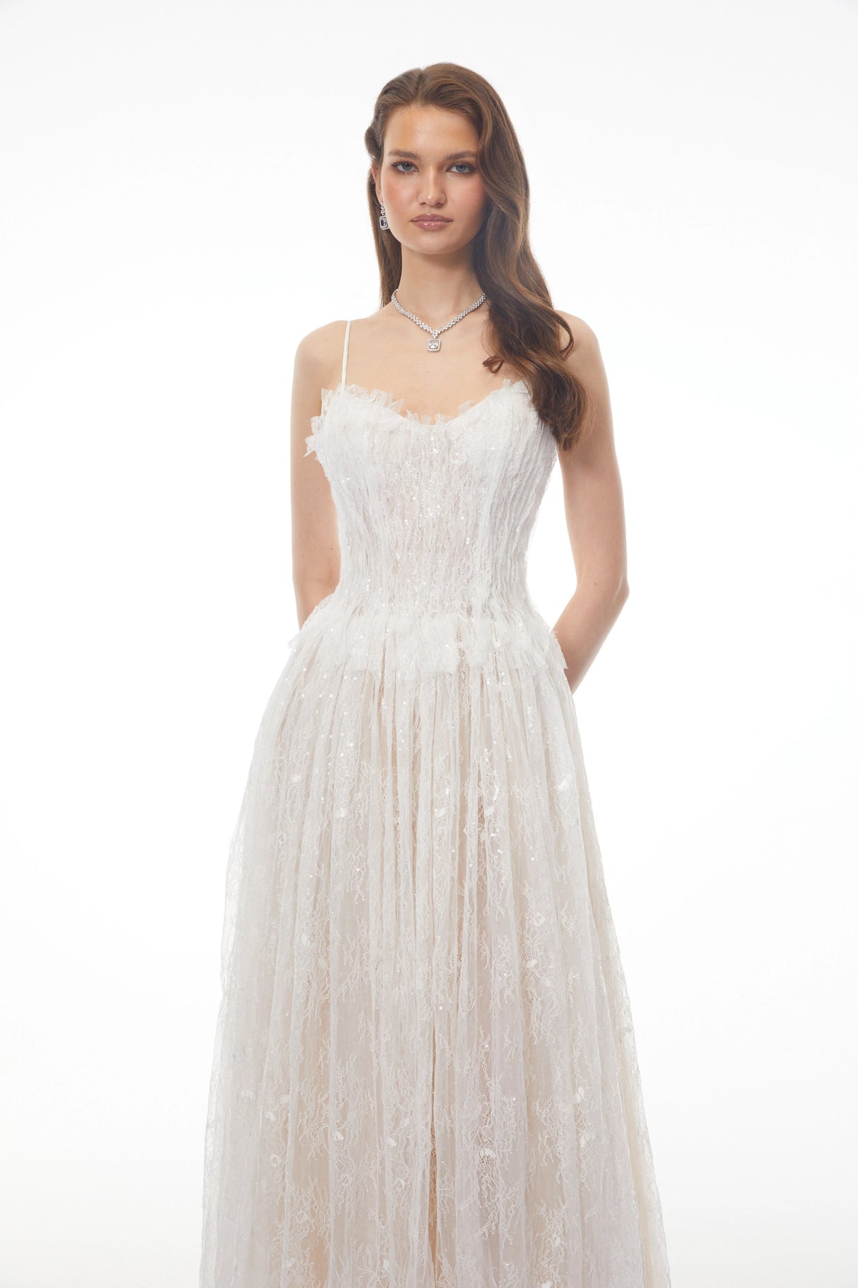 Nadir White Pleated Lace Maxi Dress