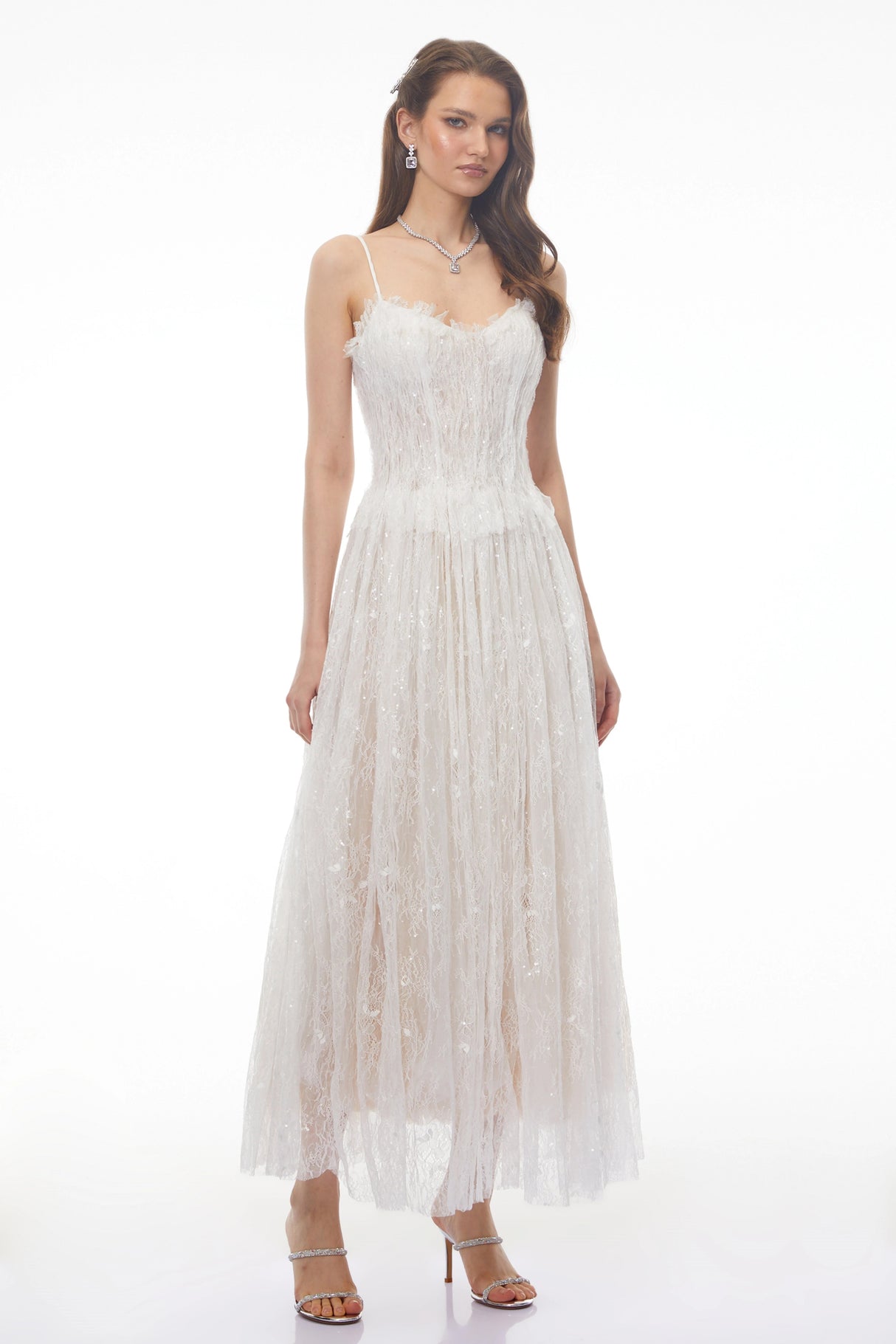 Nadir White Pleated Lace Maxi Dress
