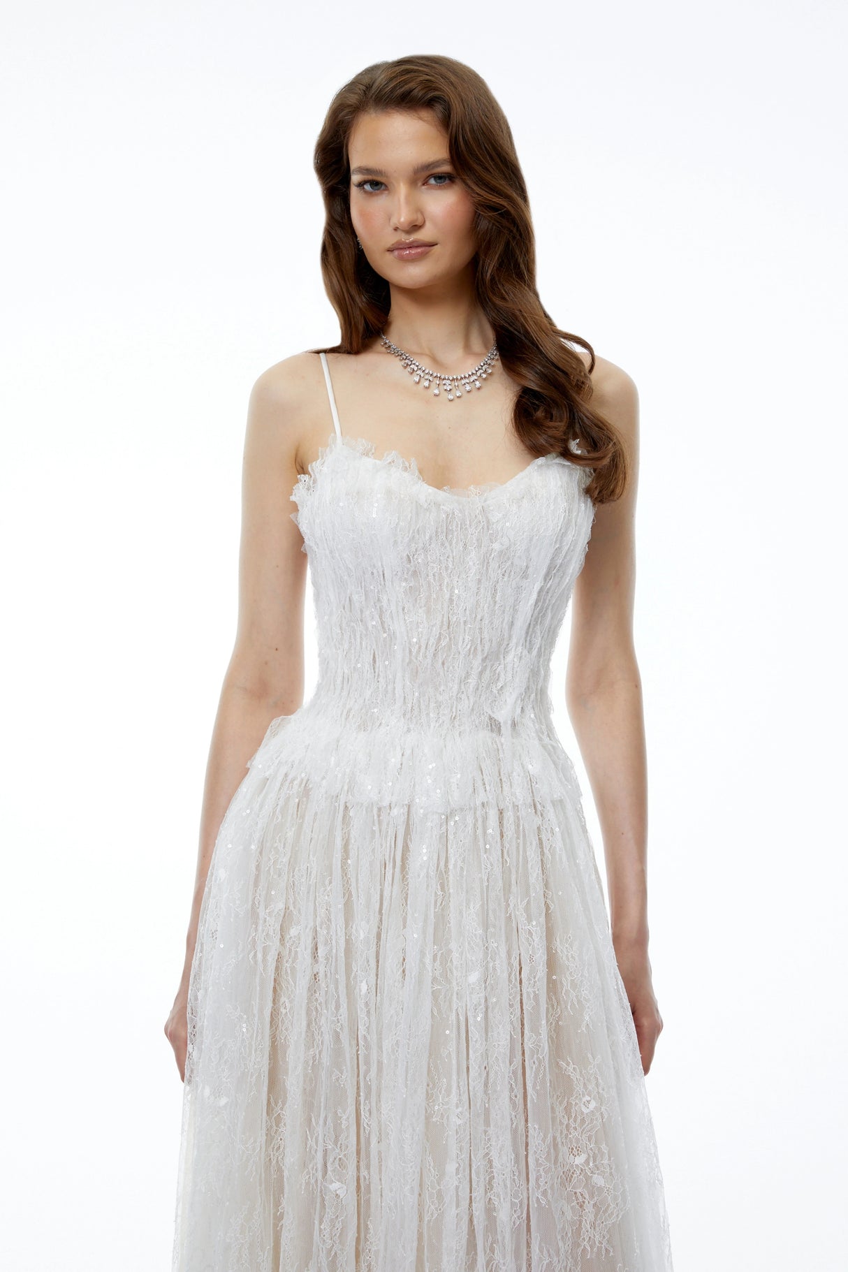 Nadir White Pleated Lace Maxi Dress
