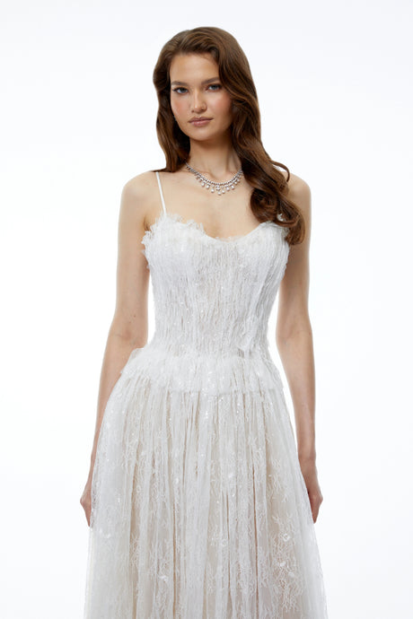 Nadir White Pleated Lace Maxi Dress