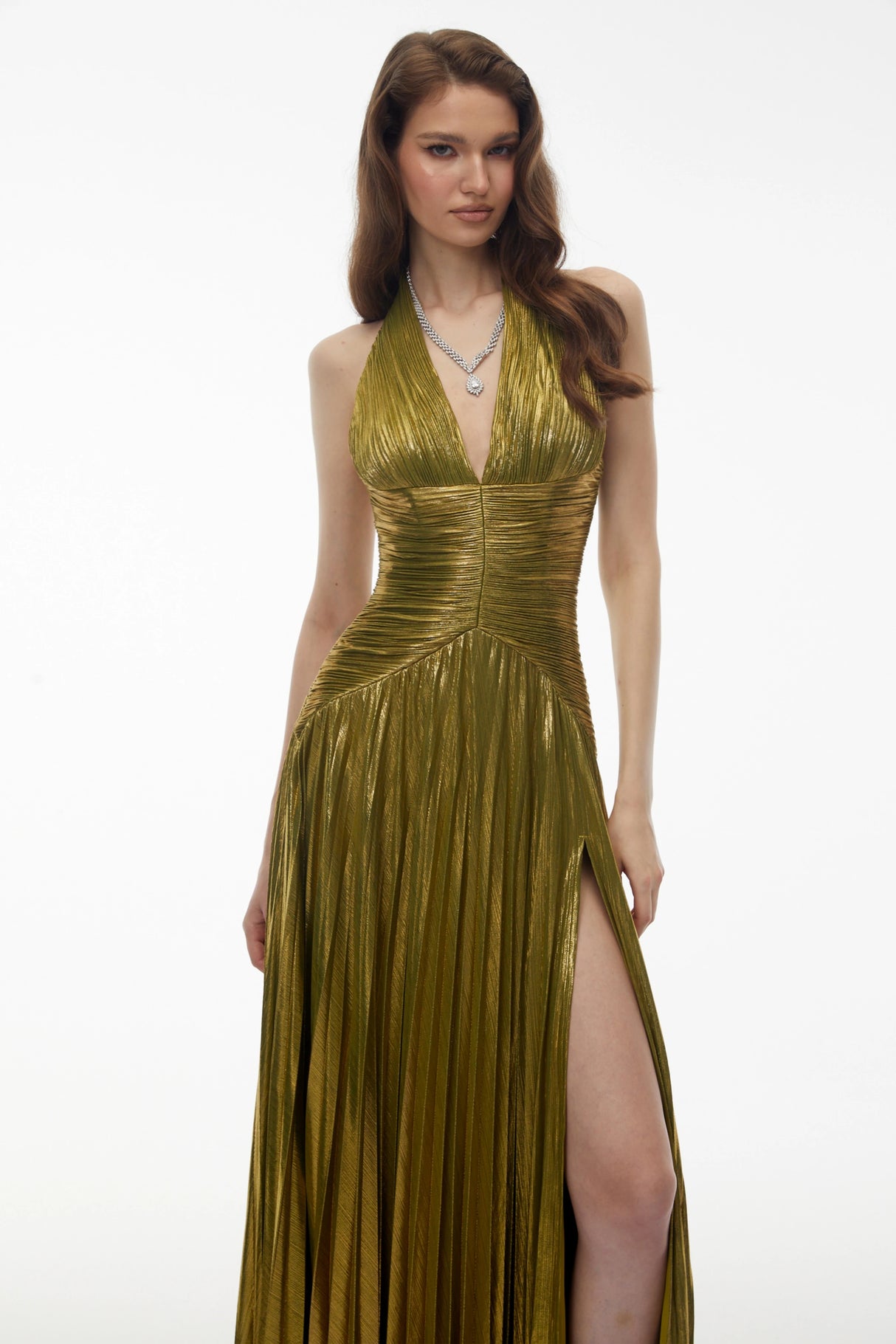 Nadya Olive Green Halterneck Ruched Maxi Dress