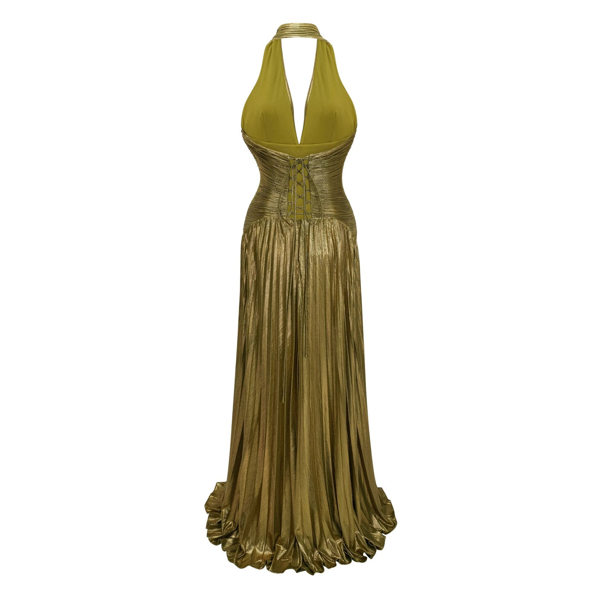 Nadya Olive Green Halterneck Ruched Maxi Dress
