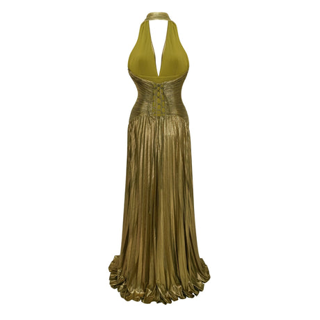 Nadya Olive Green Halterneck Ruched Maxi Dress
