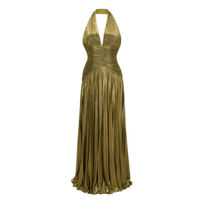Nadya Olive Green Halterneck Ruched Maxi Dress