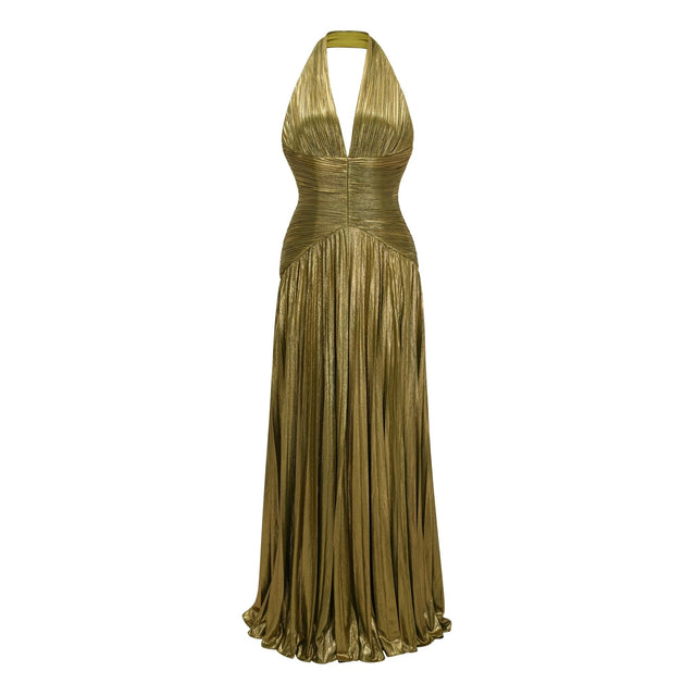 Nadya Olive Green Halterneck Ruched Maxi Dress