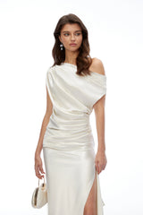 Naia Cream One Shoulder Ruched Maxi Dress with Slit