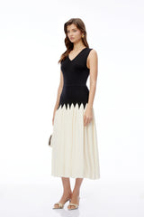 Nancy Black Color Block Pleated Midi Dress