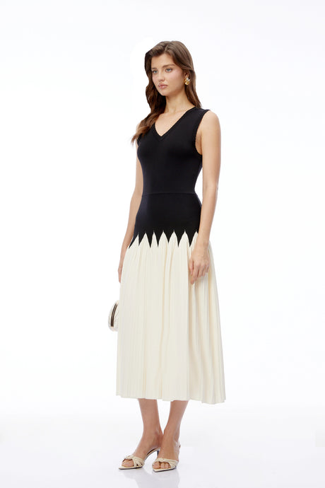 Nancy Black Color Block Pleated Midi Dress