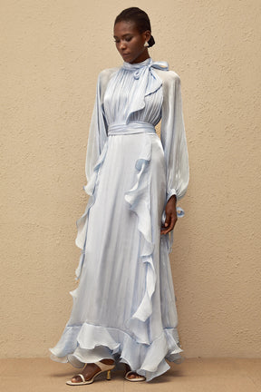Nanette Blue Glossy Pleated Maxi Dress